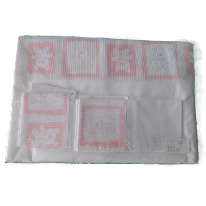 Conjunto de lençóis ursinho rosa para cama de 60x1,20 "caminha de grades" em algodão Conjunto de lençóis ursinho rosa para cama de 60x1,20 "caminha de grades" em algodão